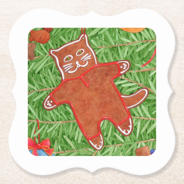 GINGERBREAD KITTY Bracket Paper Coasters / White (Front)