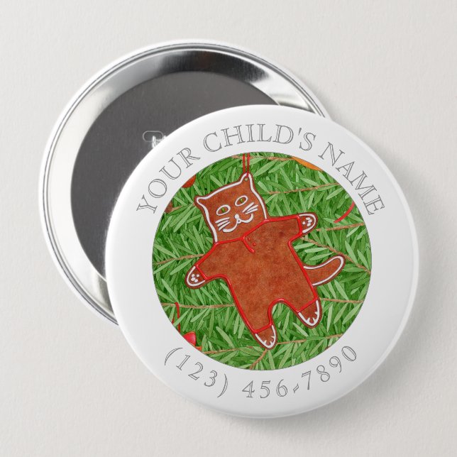 GINGERBREAD KITTY Child ID Button - White (Front & Back)
