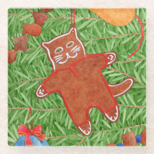 GINGERBREAD KITTY Glass Drink Coaster