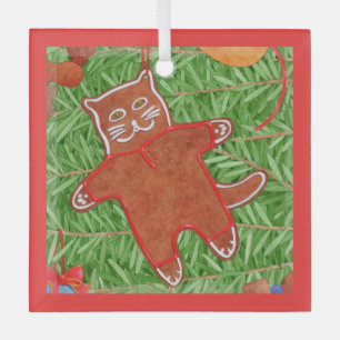 GINGERBREAD KITTY Glass Square Ornament