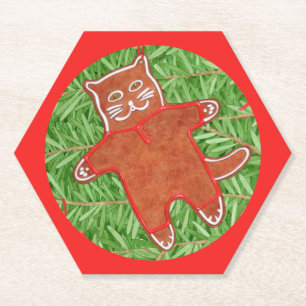 GINGERBREAD KITTY Hexagon Paper Coasters / Red
