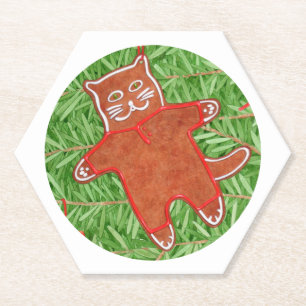GINGERBREAD KITTY Hexagon Paper Coasters / White