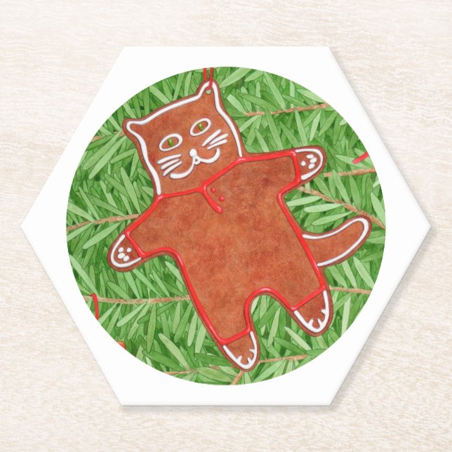 GINGERBREAD KITTY Hexagon Paper Coasters / White (Front)