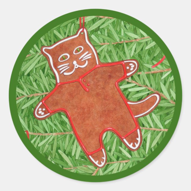 GINGERBREAD KITTY Large Round Stickers / Green (Front)