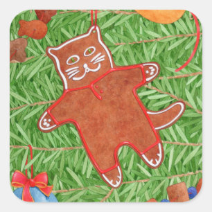 GINGERBREAD KITTY Large Square Stickers
