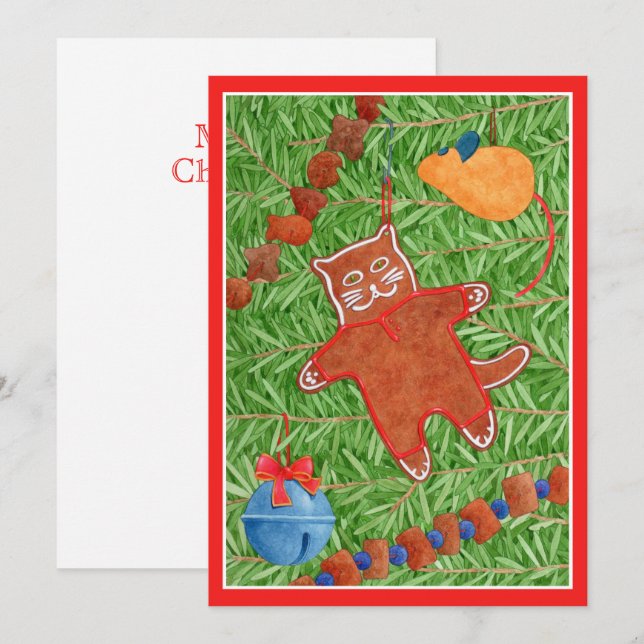 GINGERBREAD KITTY "Meowy Christmas" 5x7 Card / Red (Front/Back)