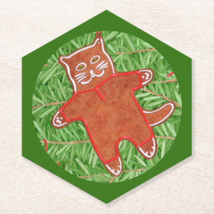 GINGERBREAD KITTY Pointy Hexagon Coasters / Green