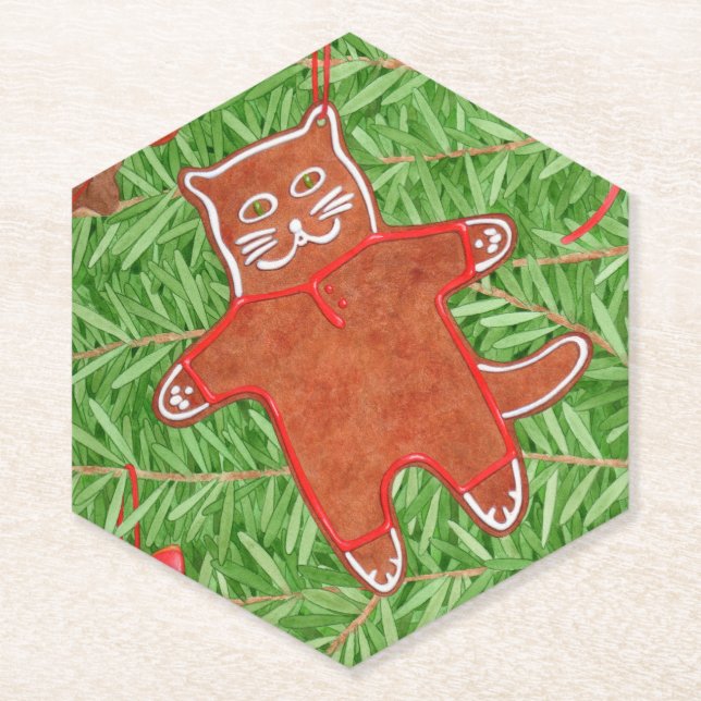 GINGERBREAD KITTY Pointy Hexagon Paper Coasters  (Front)