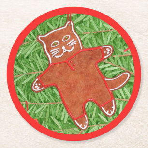 GINGERBREAD KITTY Round Paper Coasters / Red
