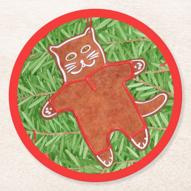 GINGERBREAD KITTY Round Paper Coasters / Red (Front)