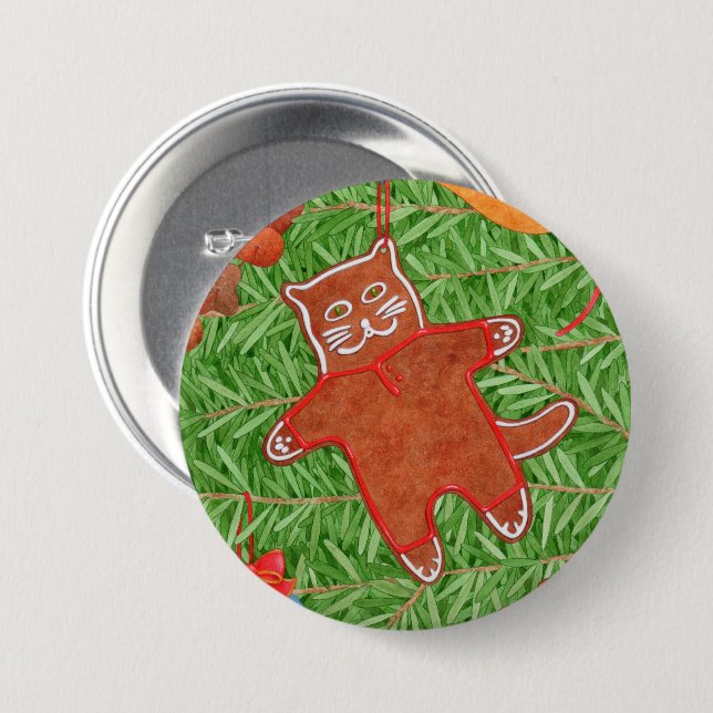 GINGERBREAD KITTY Round Pin Button  (Front & Back)