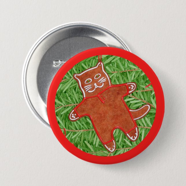 GINGERBREAD KITTY Round Pin Button / Red (Front & Back)