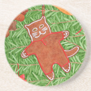 GINGERBREAD KITTY Round Sandstone Coaster