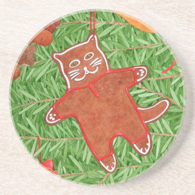 GINGERBREAD KITTY Round Sandstone Coaster (Front)
