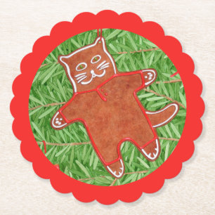 GINGERBREAD KITTY Scalloped Round Coasters / Red