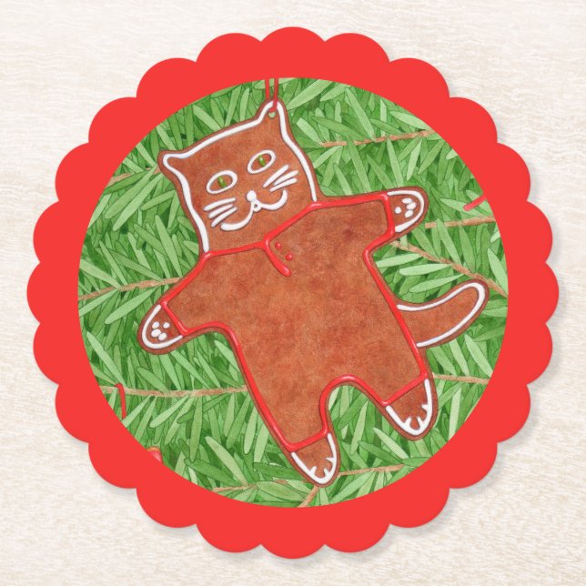 GINGERBREAD KITTY Scalloped Round Coasters / Red (Front)