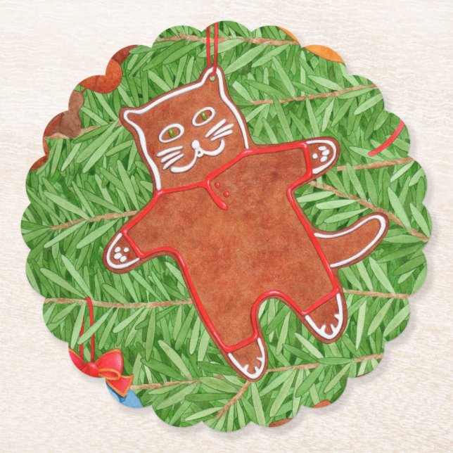 GINGERBREAD KITTY Scalloped Round Paper Coasters  (Front)