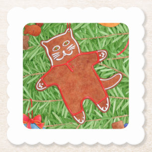 GINGERBREAD KITTY Scalloped Square Coaster / White