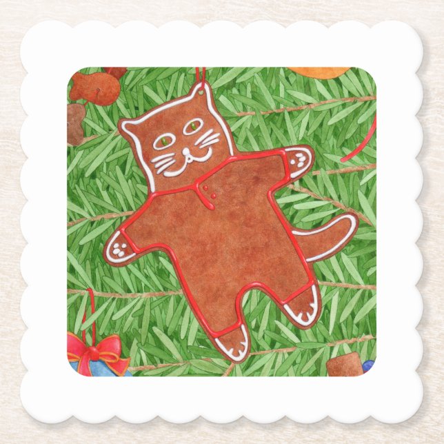 GINGERBREAD KITTY Scalloped Square Coaster / White (Front)