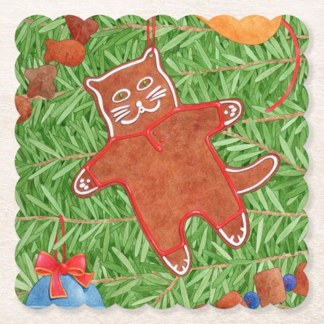 GINGERBREAD KITTY Scalloped Square Coasters (Front)