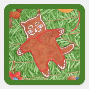 GINGERBREAD KITTY Small Square Stickers / Green