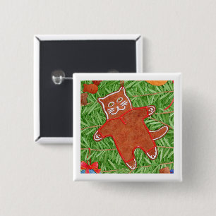 GINGERBREAD KITTY Square Pin Button / White