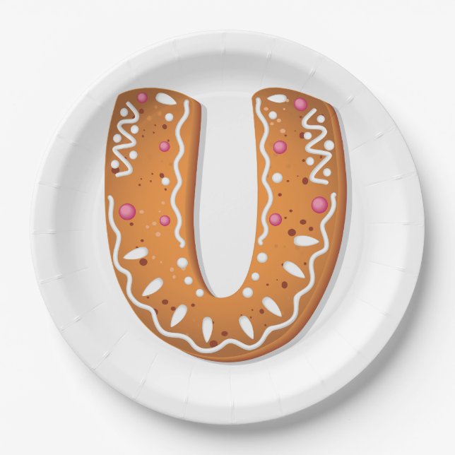 Gingerbread Letter U Monogram Holiday Cookie Paper Plate (Front)