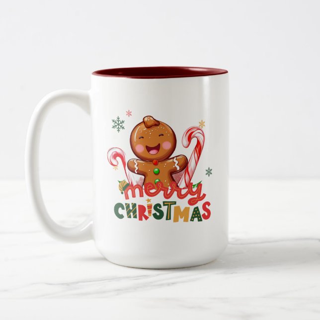 Gingerbread Man and Candy Cane Christmas  Two-Tone Coffee Mug (Left)