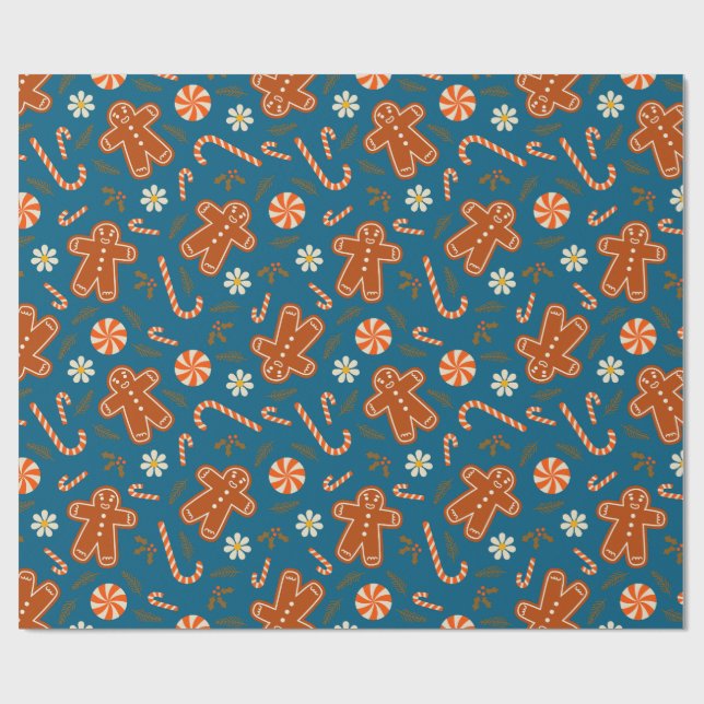 Gingerbread man and candy cane pattern wrapping paper (Flat)