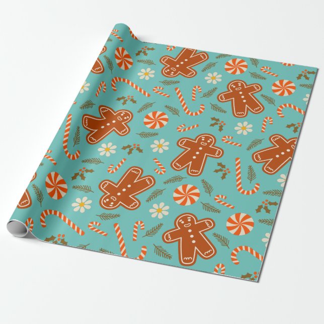 Gingerbread man and candy cane pattern wrapping paper (Unrolled)