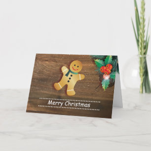 Gingerbread man and holly on wood Christmas Holiday Card