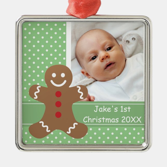 Gingerbread Man and Polka Dots Custom Photo Metal Ornament (Front)
