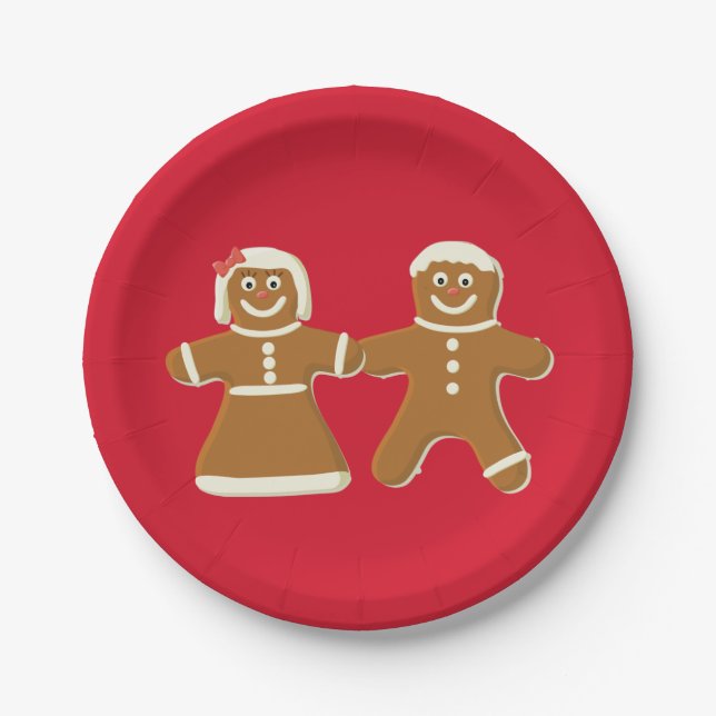 Gingerbread Man and Woman on Red Paper Plate (Front)