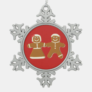 Gingerbread Man and Woman on Red Snowflake Pewter Christmas Ornament