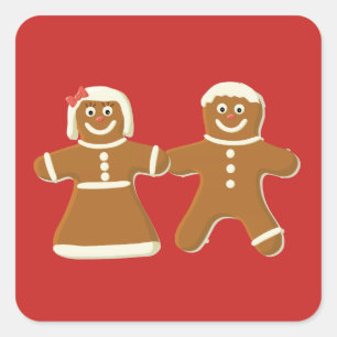Gingerbread Man and Woman on Red Square Sticker