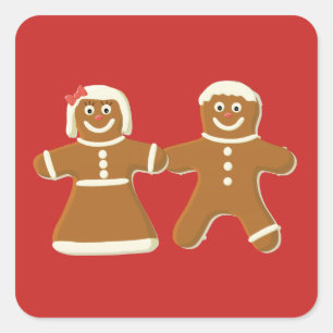 Gingerbread Man and Woman on Red Square Sticker