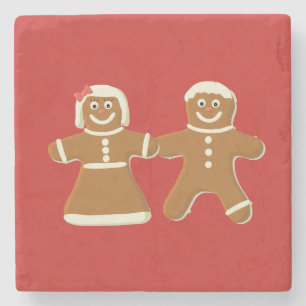 Gingerbread Man and Woman on Red Stone Coaster