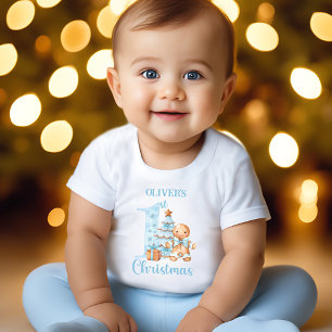 Gingerbread Man Blue Beige Name First Christmas Baby T-Shirt