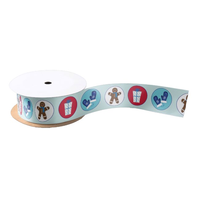 Gingerbread Man Blue Circles Christmas and Holiday Satin Ribbon (Spool)