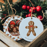 Gingerbread Man Blue Polka Dot Christmas Photo Ceramic Ornament<br><div class="desc">Celebrate the holidays with this adorable Gingerbread Man Blue Polka Dot Christmas Photo Ceramic Ornament. Featuring a cute gingerbread man design with a customisable photo on the back, this ornament is perfect for adding a touch of festive charm to your tree. Personalise it with your family name and favourite photo...</div>