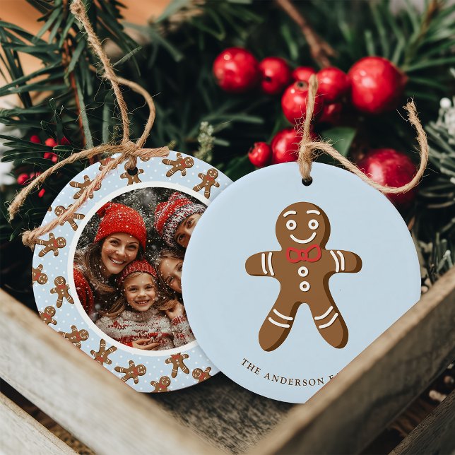 Gingerbread Man Blue Polka Dot Christmas Photo Ceramic Ornament (Creator Uploaded)