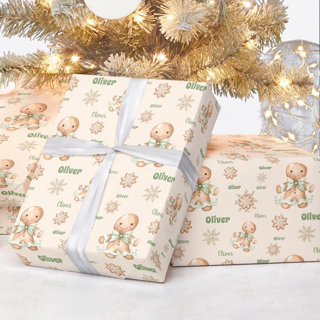 Gingerbread Man Boy Name Green Beige Christmas Wrapping Paper (Gingerbread Man Boy Name Green Beige Christmas Wrapping Paper)