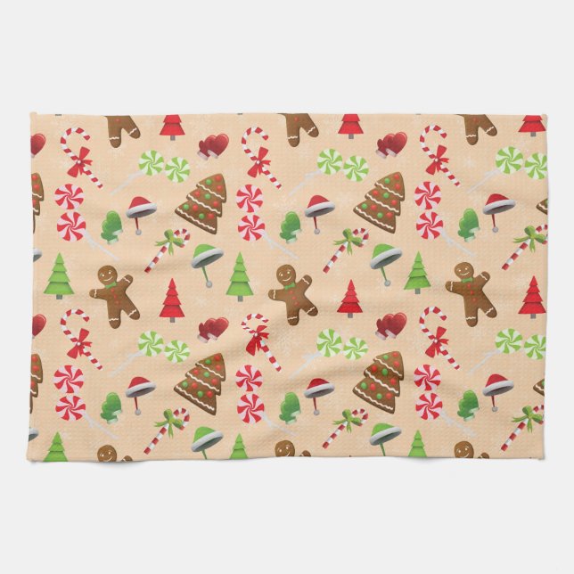 Gingerbread Man,Candy and santa hat Tea Towel (Horizontal)