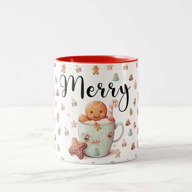 Gingerbread Man & Candy Cane Christmas Gift Two-Tone Coffee Mug (Center)