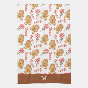 Gingerbread Man Candy Cane Monogram Christmas Tea Towel
