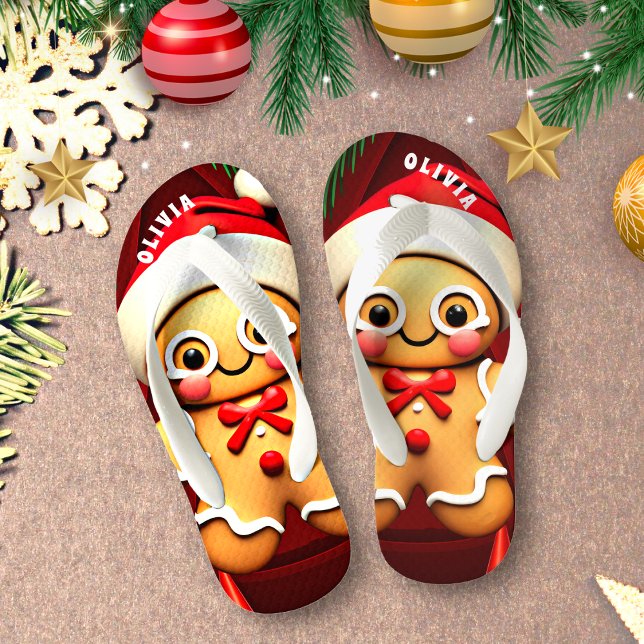 Gingerbread Man Christmas Personalised Kid's Thongs (Creator Uploaded)