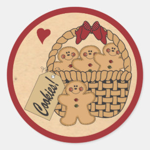 Gingerbread Man Cookie Basket in Red Classic Round Sticker