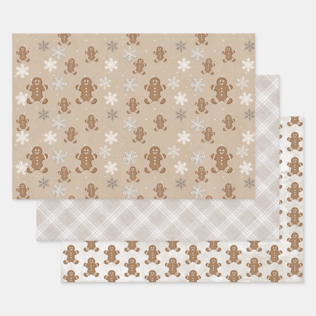 Gingerbread Man Cookie Snowflake Holiday Baking  Wrapping Paper Sheet (Set)
