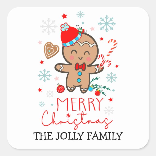 Gingerbread Man Cookie Snowflakes Merry Christmas  Square Sticker (Front)