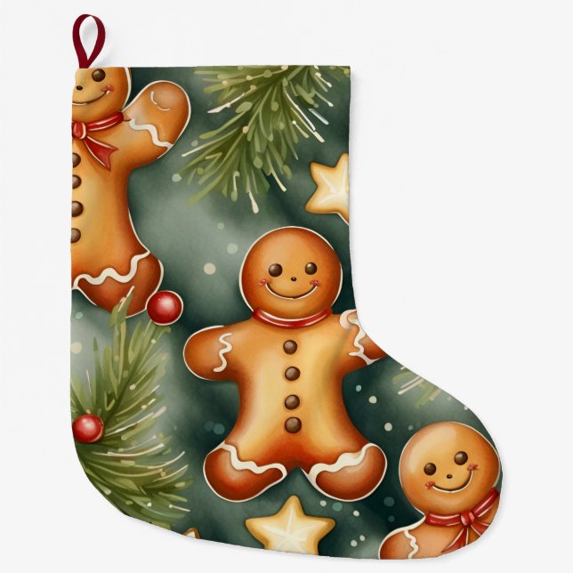 Gingerbread man cookies and stars  large christmas stocking (Front)